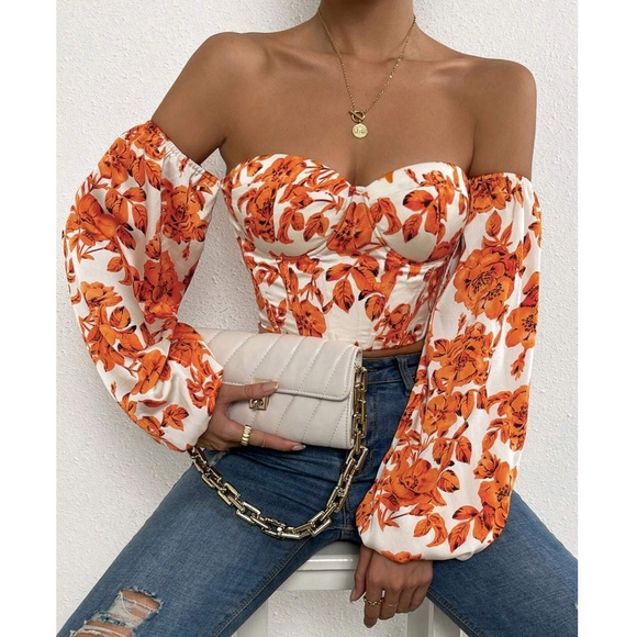 Boho Floral Print Lace up Off Shoulder Corset Top - Picture 6 of 15